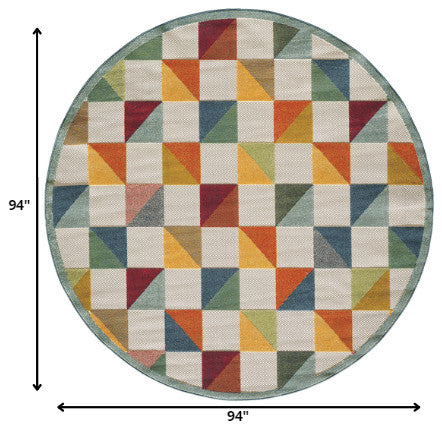 8" Round Orange Gray Triangle Indoor Outdoor Area Rug
