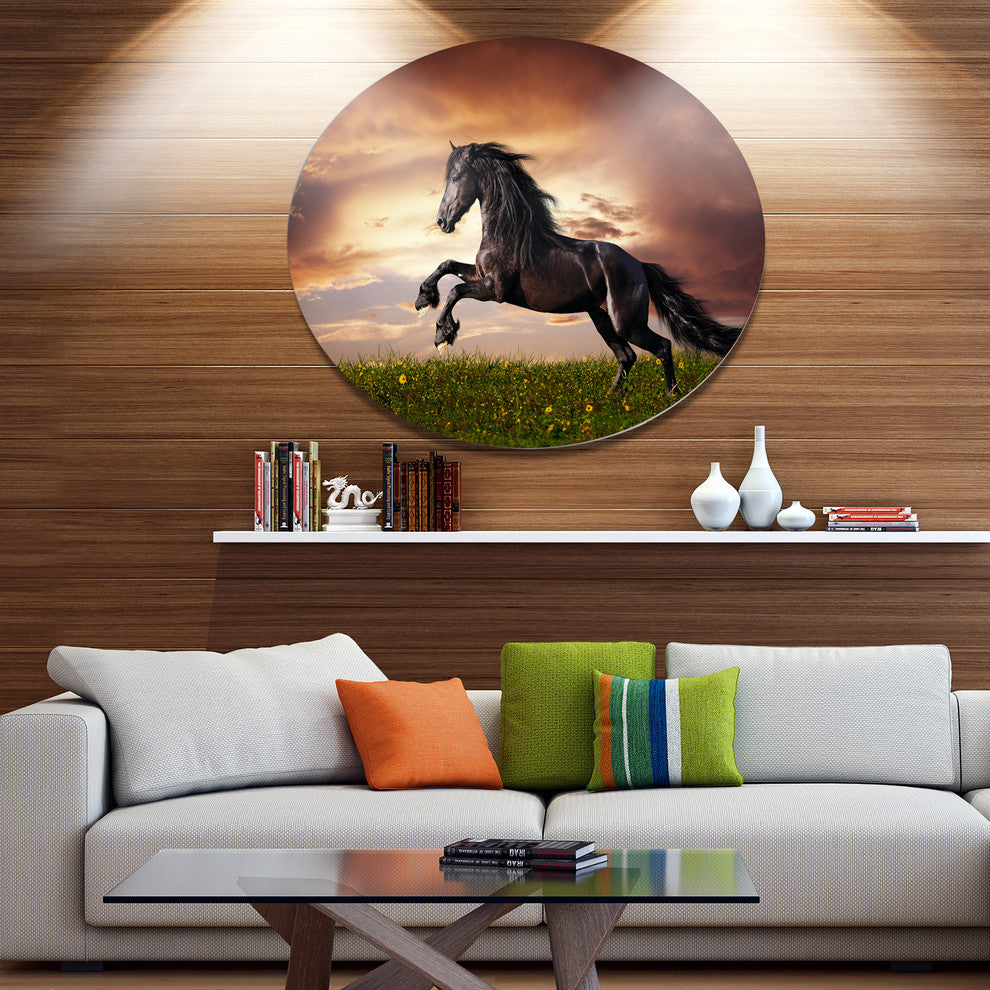 Black Friesian Horse Gallop, Animal Disc Metal Wall Art, 23"
