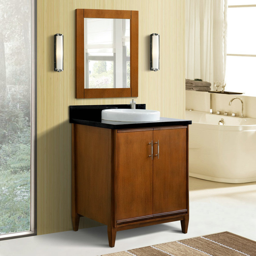 31" Single Sink Vanity, Walnut Finish With Black Galaxy Granite