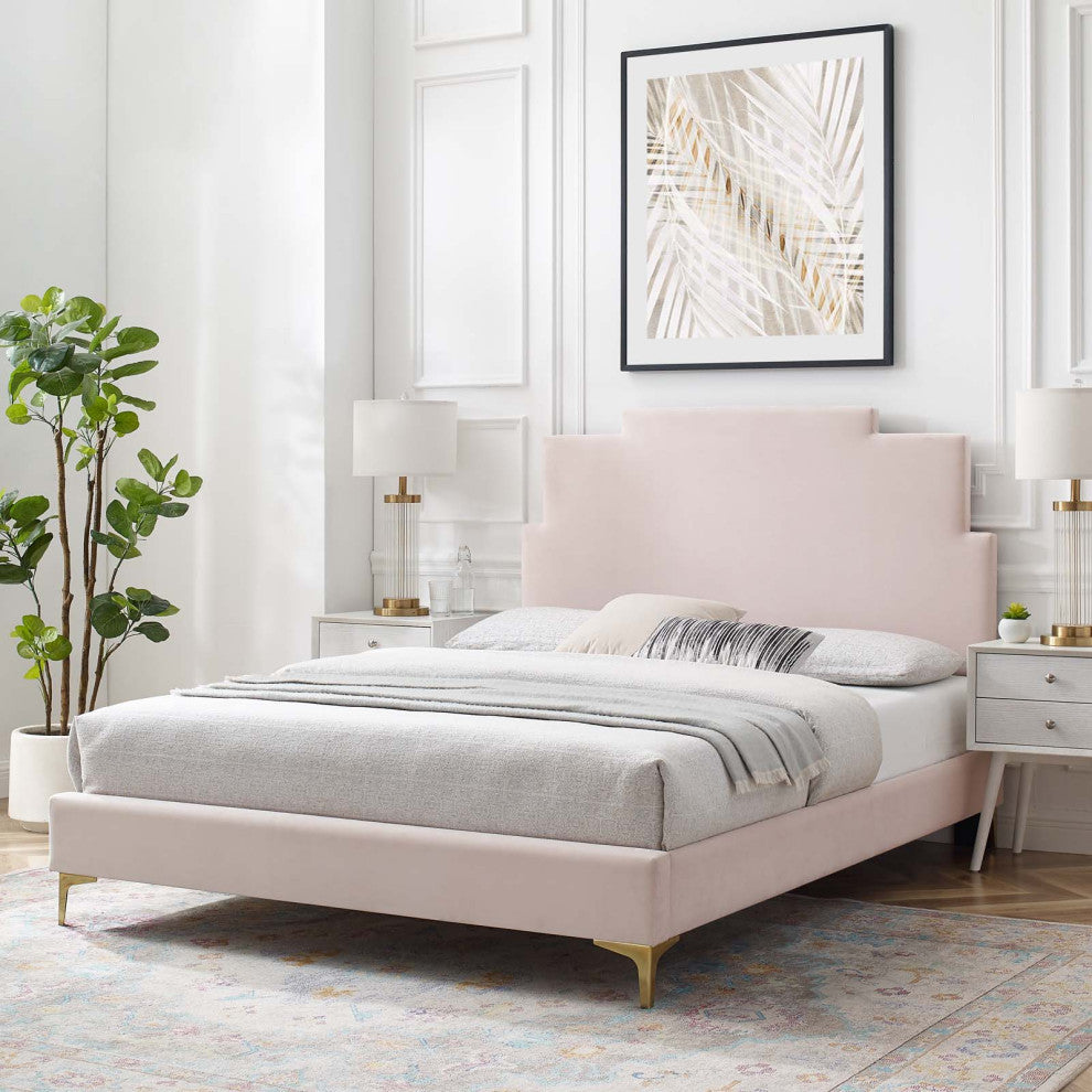 Platform Bed Frame, Queen Size, Velvet, Pink, Modern Contemporary, Bedroom