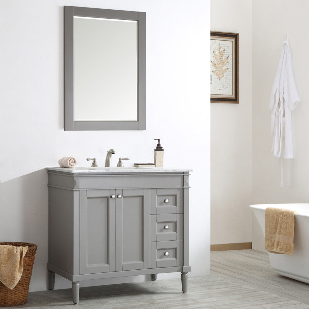 Catania 36" Vanity in Grey with Carrara White Marble Countertop With Mirror