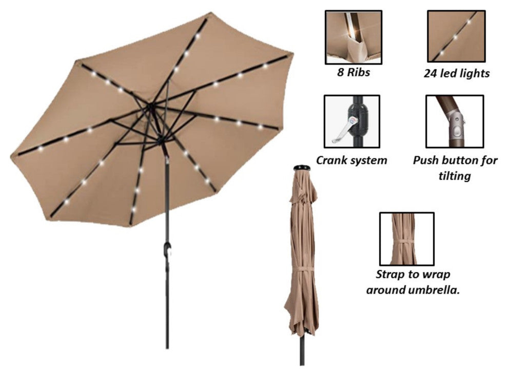 Az Patio Heaters Solar Market Umbrella With Led Lights In Tan