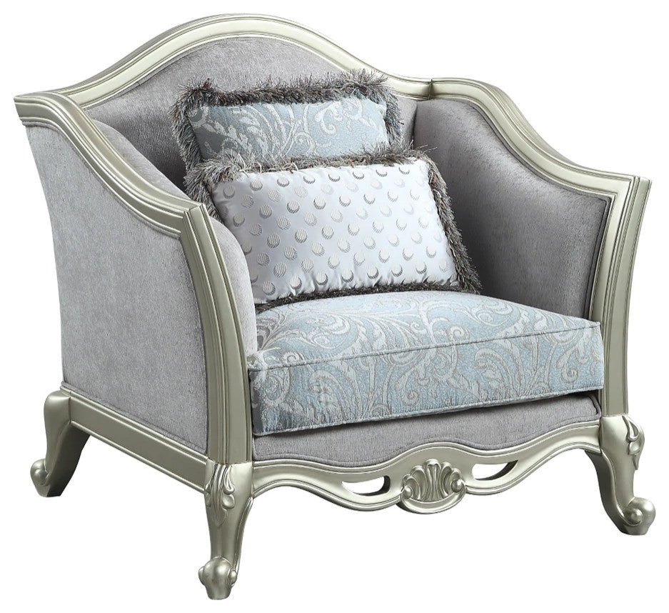 Benzara BM276231 44" Classic Accent Chair, Fabric Cushioned Seat, Gray/Champagne