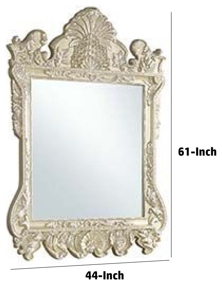 Benzara BM275050 61" Wall Mirror, Oversized Floral Carving, Champagne Silver