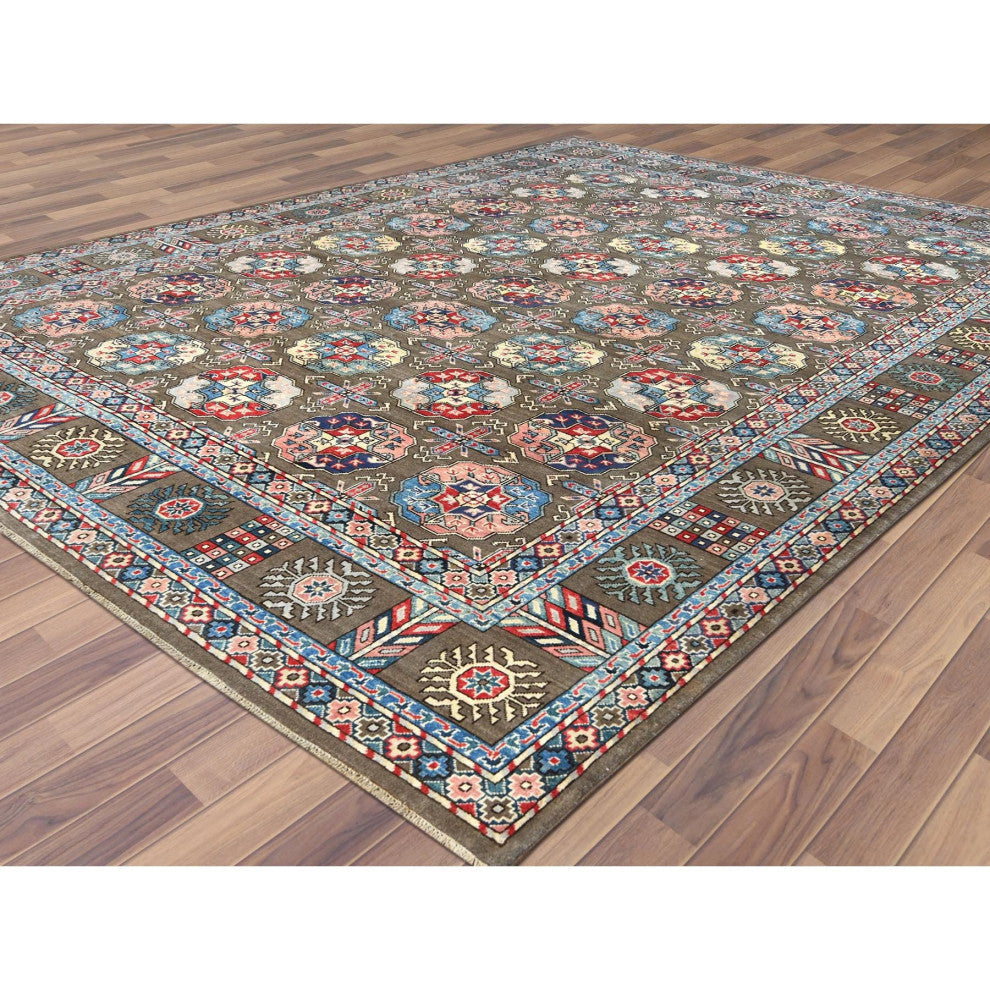 Afghan Special Kazak Shiny Wool, Hand Knotted Taupe Oriental Rug, 9'7" x 12'9"