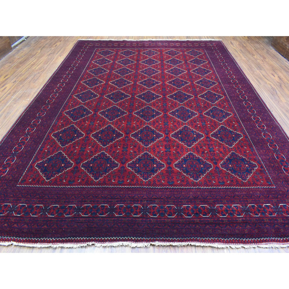 Red Hand Knotted Tribal Design Shiny Wool Afghan Khamyab Oriental Rug, 9'8"x13'