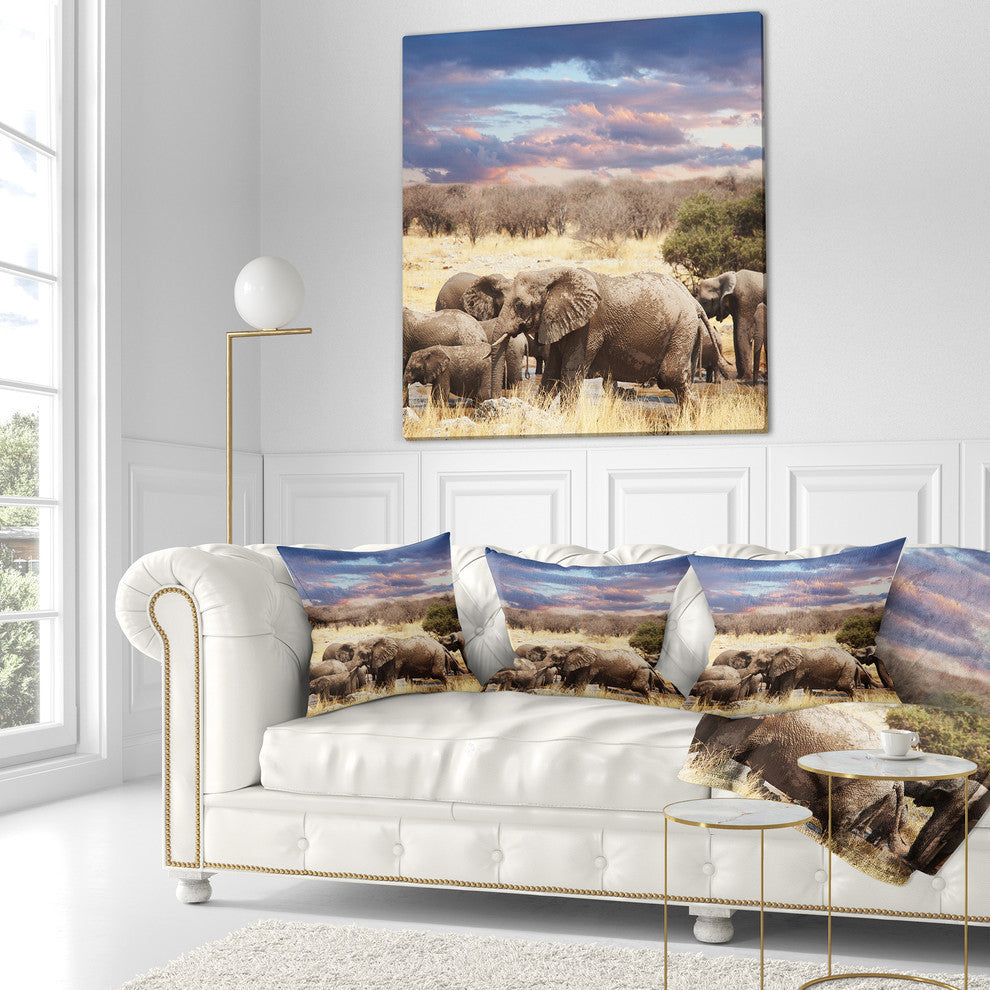 Memory of Elephants in Bush Abstract Throw Pillow, 18"x18"