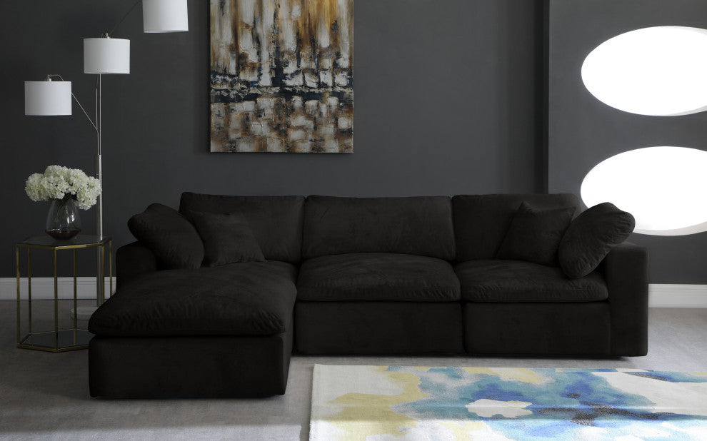 Cozy Velvet Upholstered Comfort L-Shaped Modular Sectional, Black, 4-Piece: 1 Armless Chair, 2 Corner Chair, 1 Ottoman
