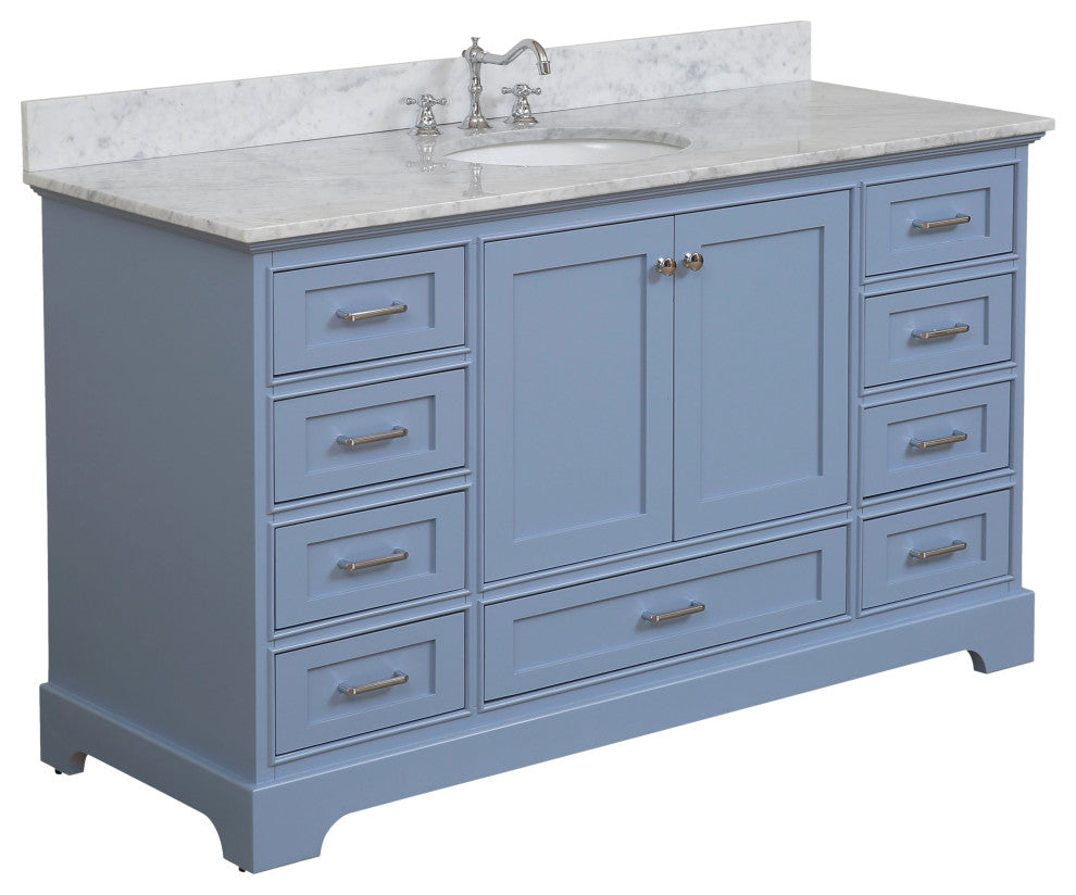 Harper 60" Bathroom Vanity, Powder Blue, Carrara Marble, Single