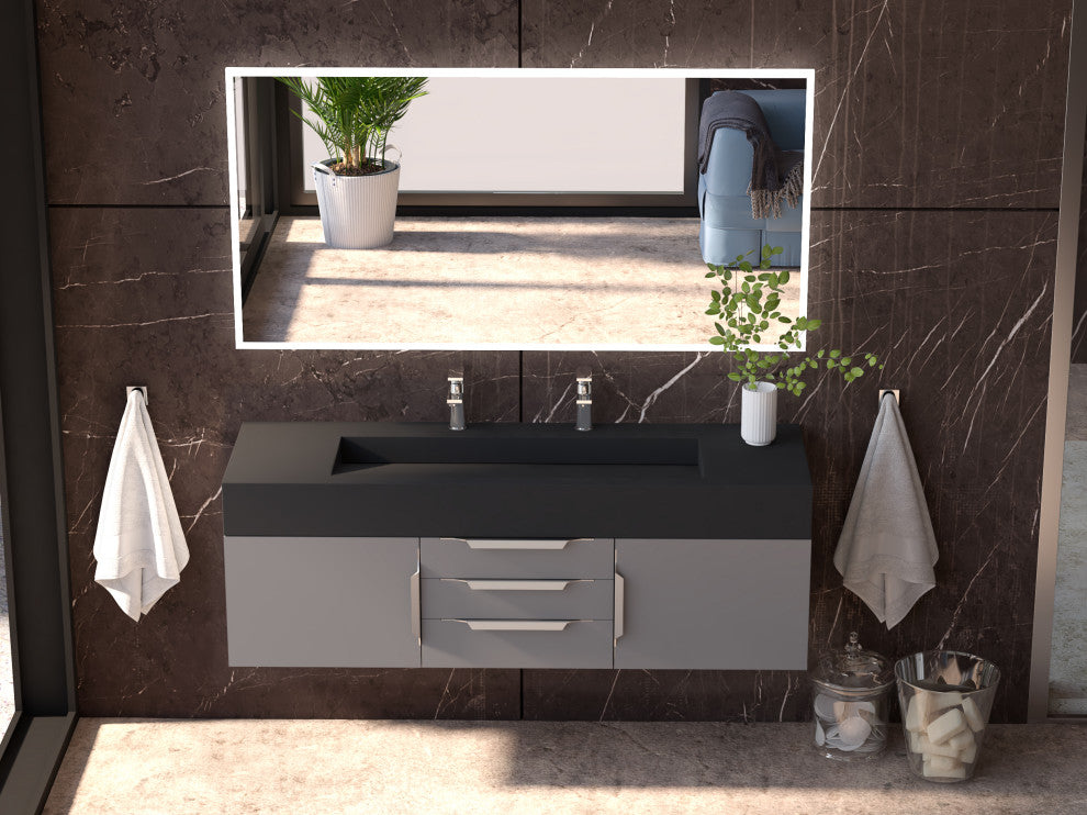 CastelloUSA Alpine 60" Wall Mounted Bathroom Vanity, Base Only, Gray, Brushed Nickel