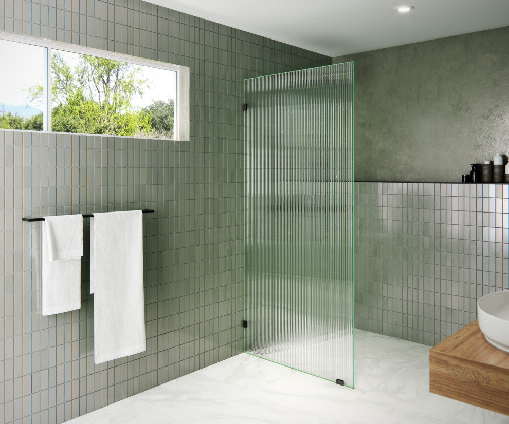 36"x78" Frameless Shower Door Single Fixed Panel Fluted, Matte Black