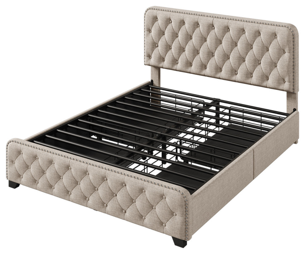 Metal Platform Bed with Headboard, Upholstered and 4-Drawer, Beige, 84.6" X 64.6"