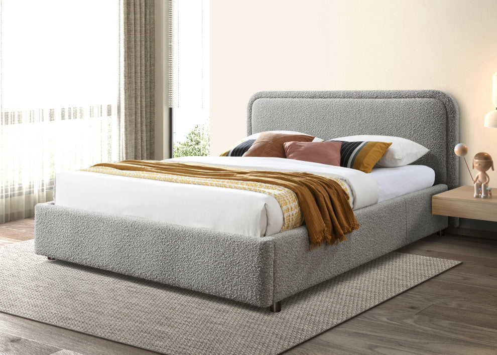 Omax Decor Chloe Modern Fabric Upholstered Platform Bed, Grey Boucle, Queen