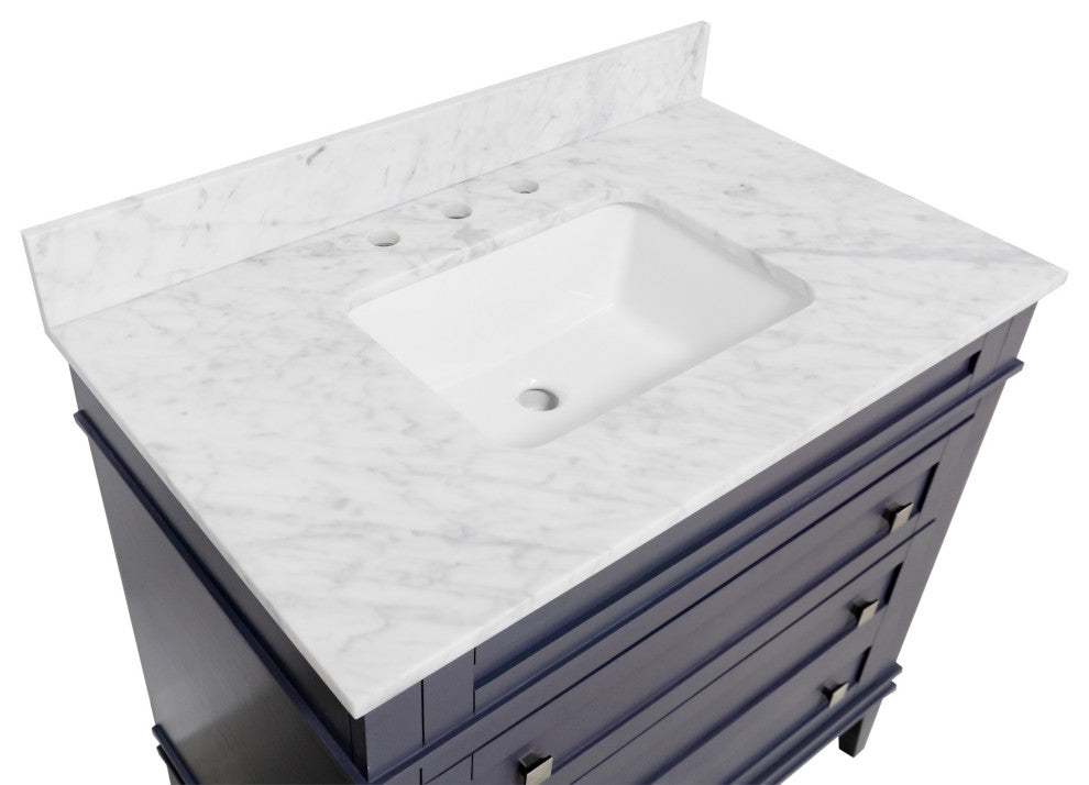 Eleanor 36" Bathroom Vanity, Marine Gray, Carrara Marble