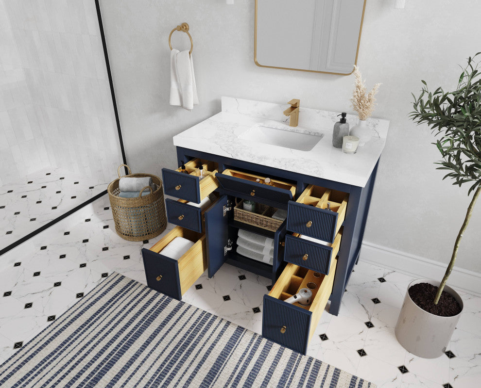 Sonoma 42 Single Sink Reeded Bath Vanity in Hale Navy Blue 2" Carrara Marble