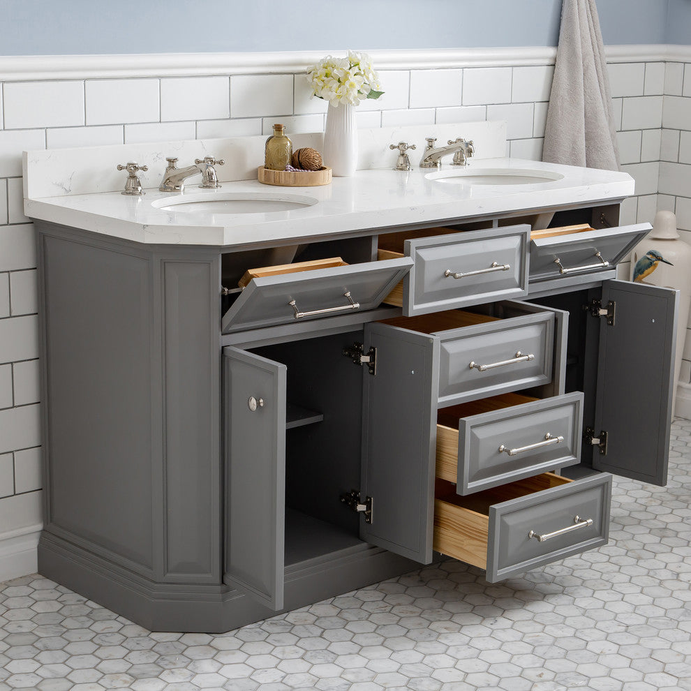 60" Palace Quartz Carrara Cashmere Gray Vanity With Polished Nickel Hardware