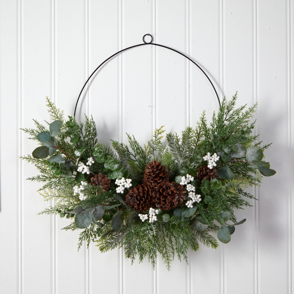28" Christmas Pine, Eucalyptus, and Berries Metal Circlet Artificial Wreath
