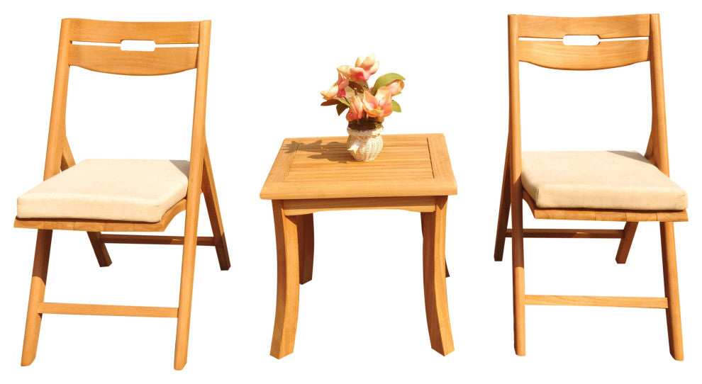 3-Piece Outdoor Patio Teak Dining Set: 18" Side Table, 2 Surf Folding Chairs