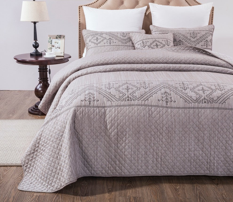 Elegant Intricate Purple Grey Soft Yarn Dyed Quilted Coverlet Bedspread Set, Twi