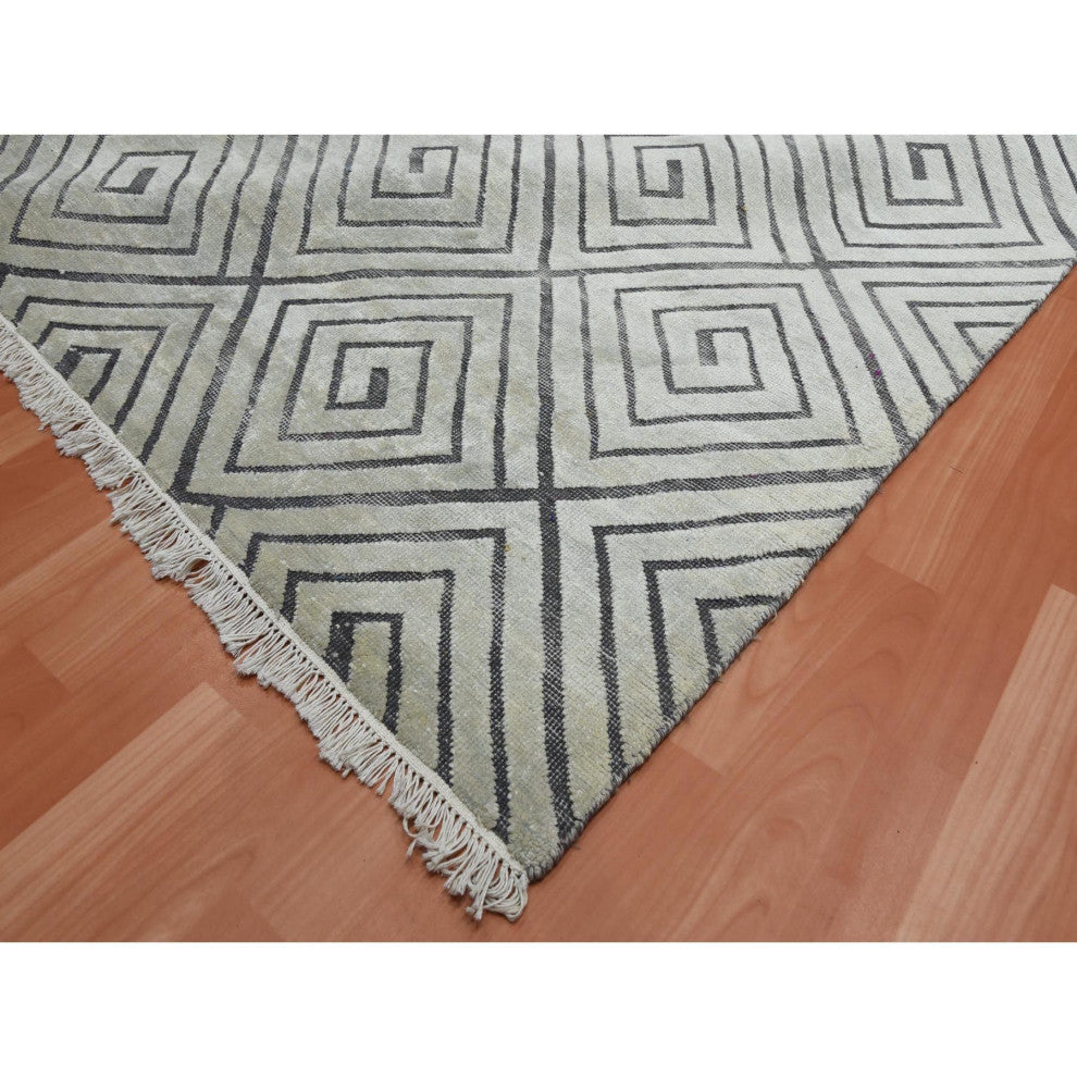 Ivory, Modern Roman Key Design, Silk With Wool Hand Knotted Rug, 9'0"x12'1"