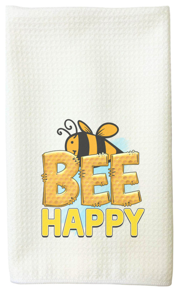Bee Happy Honeycomb Microfiber Waffle Weave Kitchen Dish Towel