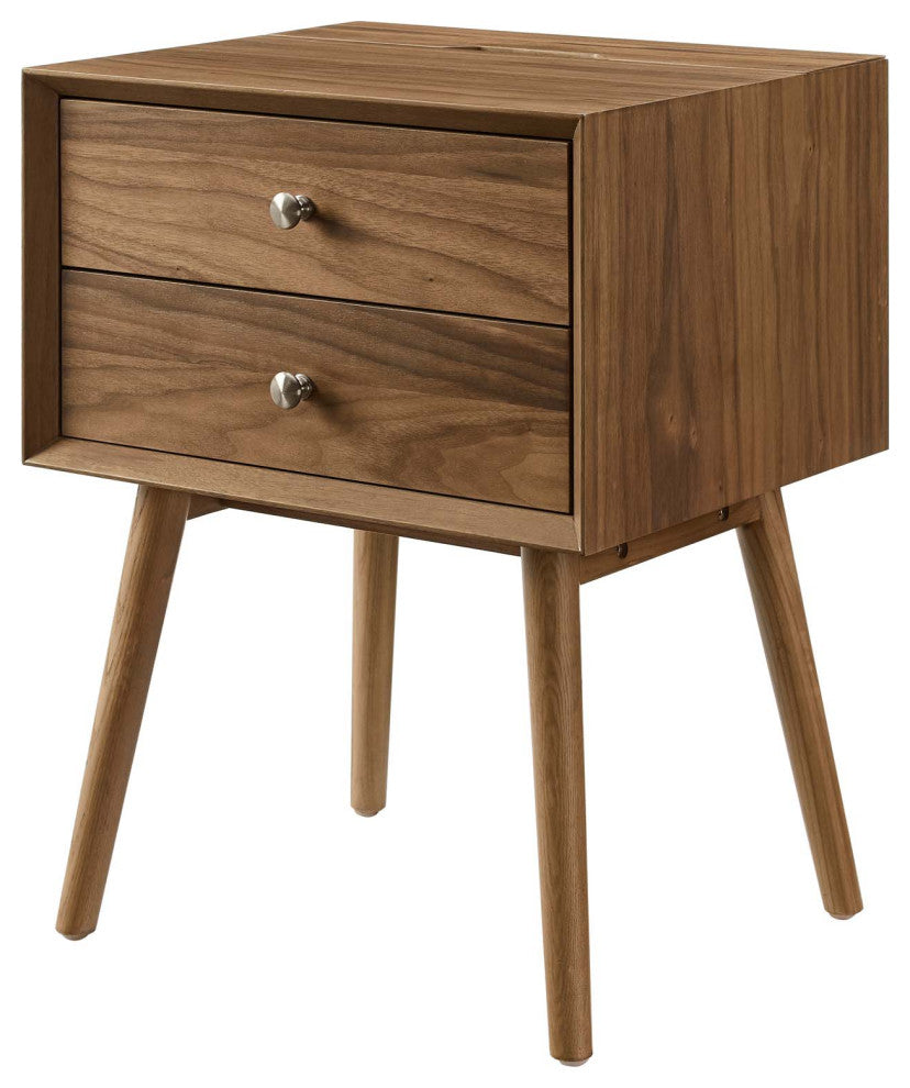 Nightstand Side End Table With USB, Wood, Brown Walnut, Modern Living Room