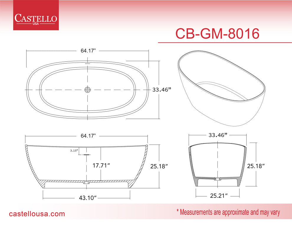 CastelloUSA Manhattan Solid Surface Stone Resin Freestanding Tub, Black, 65"