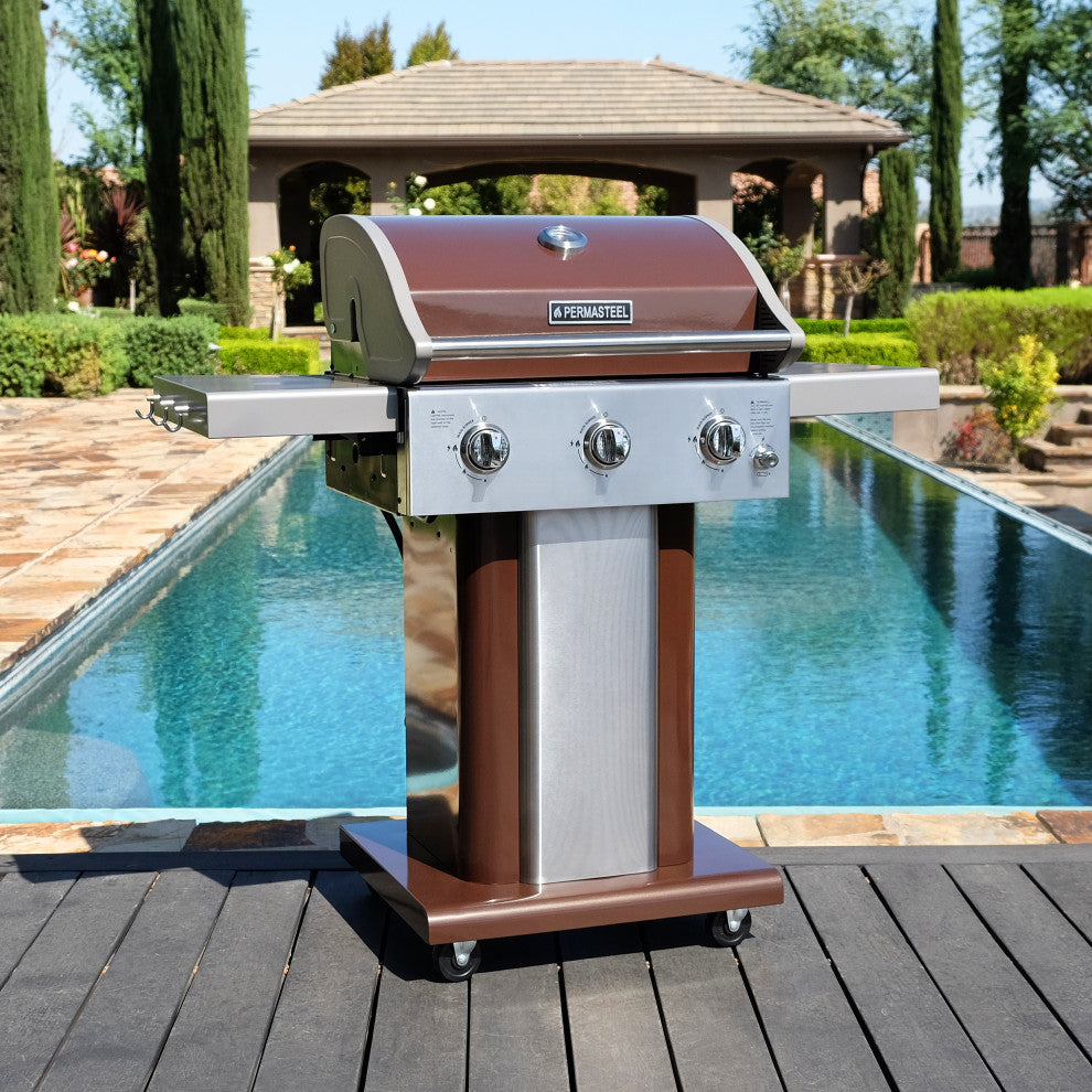 Permasteel 3 Burner Propane Gas Grill with Folding Side Shelves, Copper