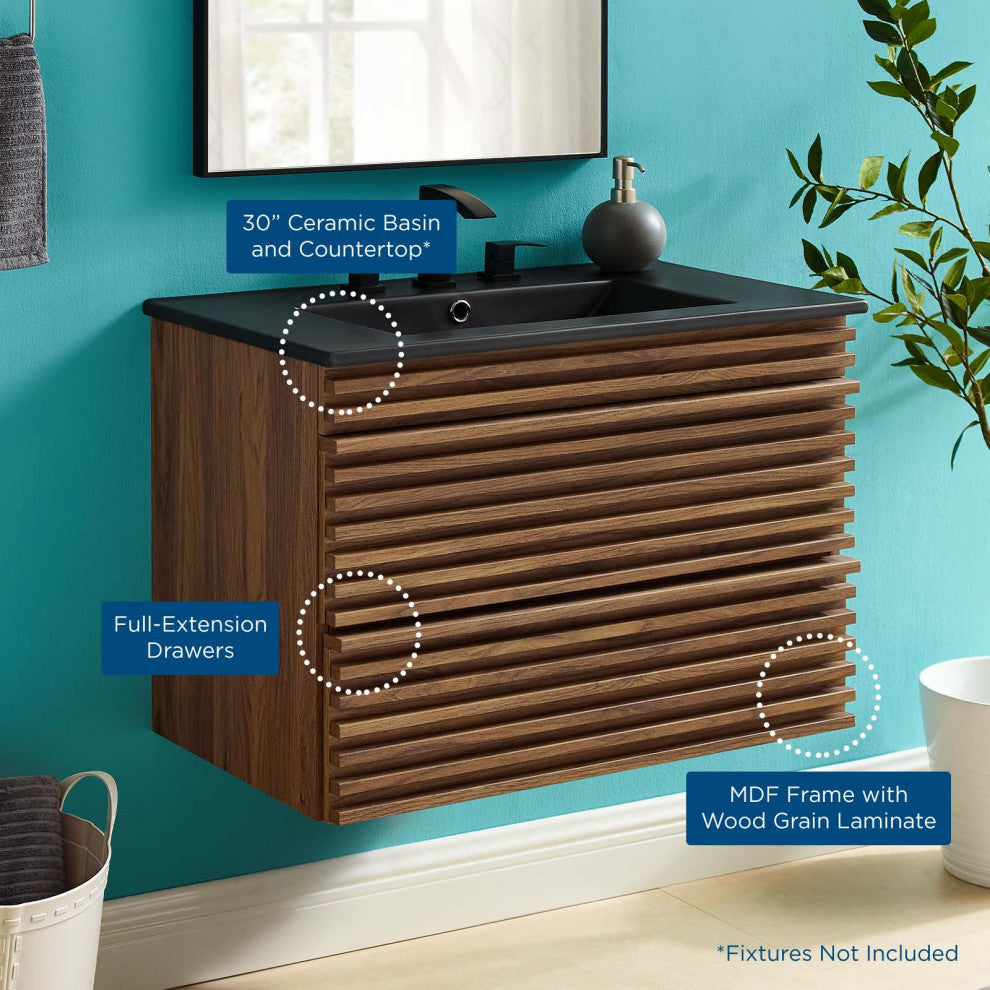 Render 30" Wall-Mount Bathroom Vanity - Walnut Black