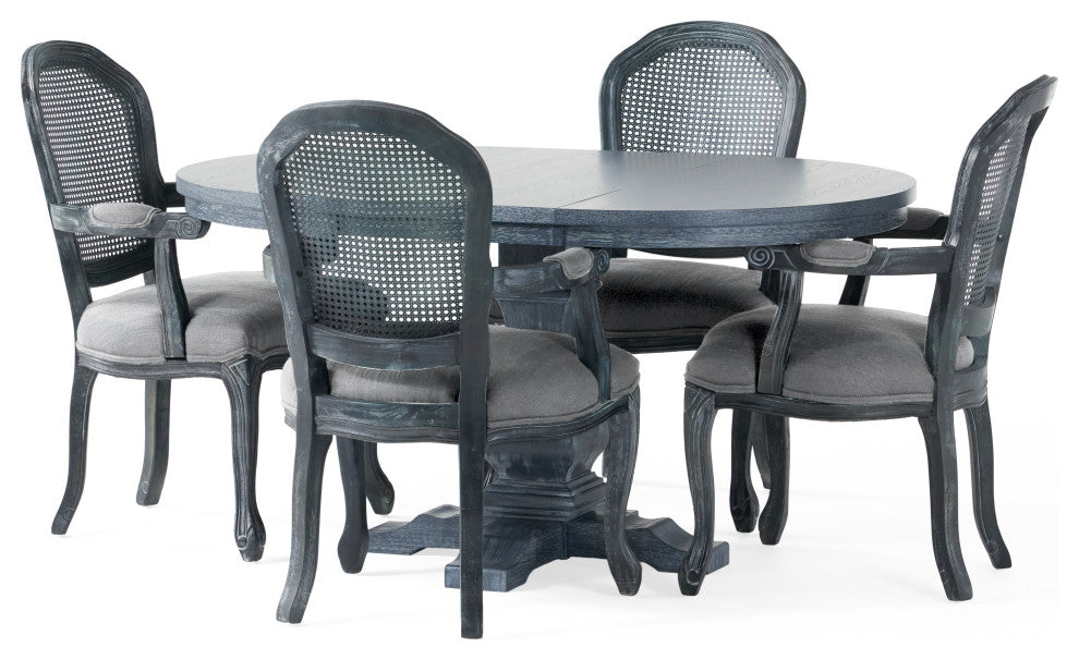 Mariette French Country Wood and Cane 5 Piece Expandable Oval Dining Set, Gray/Gray