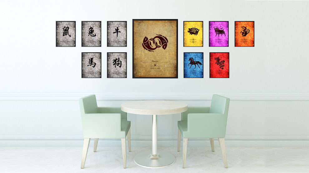 Pisces Horoscope Astrology Brown Print on Canvas with Picture Frame, 28"x37"