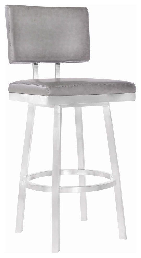 Callisto 30" Barstool, Brushed Stainless Steel and Gray Faux Leather