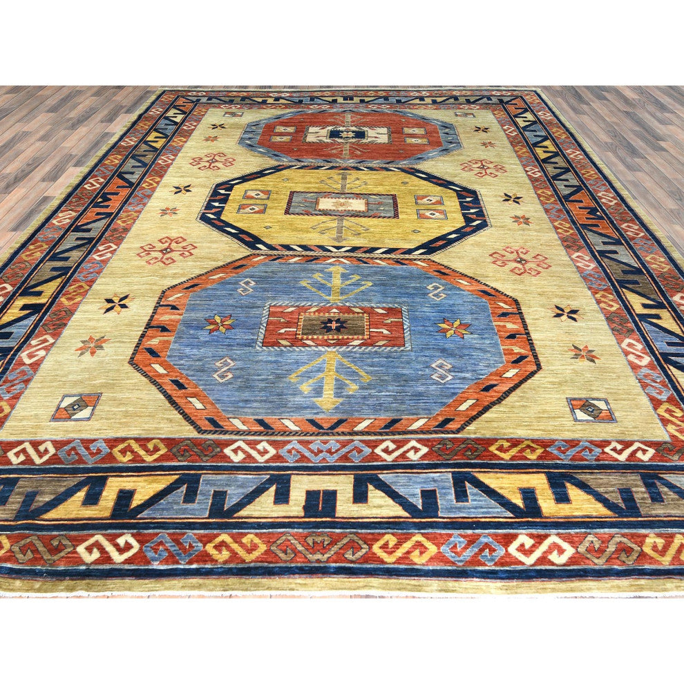 Green Soft Wool Hand Knotted Armenian Inspired Design 200 KPSI Rug, 10'2"x13'6"