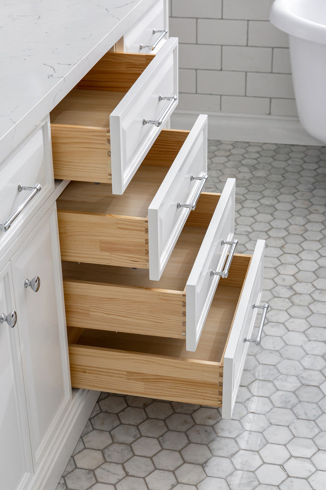 72" Palace Quartz Carrara Pure White Vanity With Hardware, Faucets in Chrome