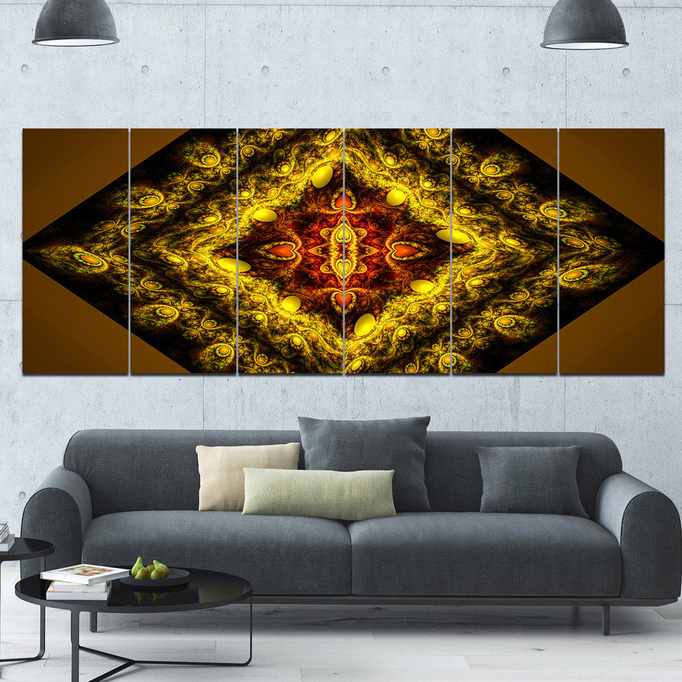 Cabalistic Yellow Fractal Design, Abstract Wall Art Canvas, 70"x28", 6 Panels
