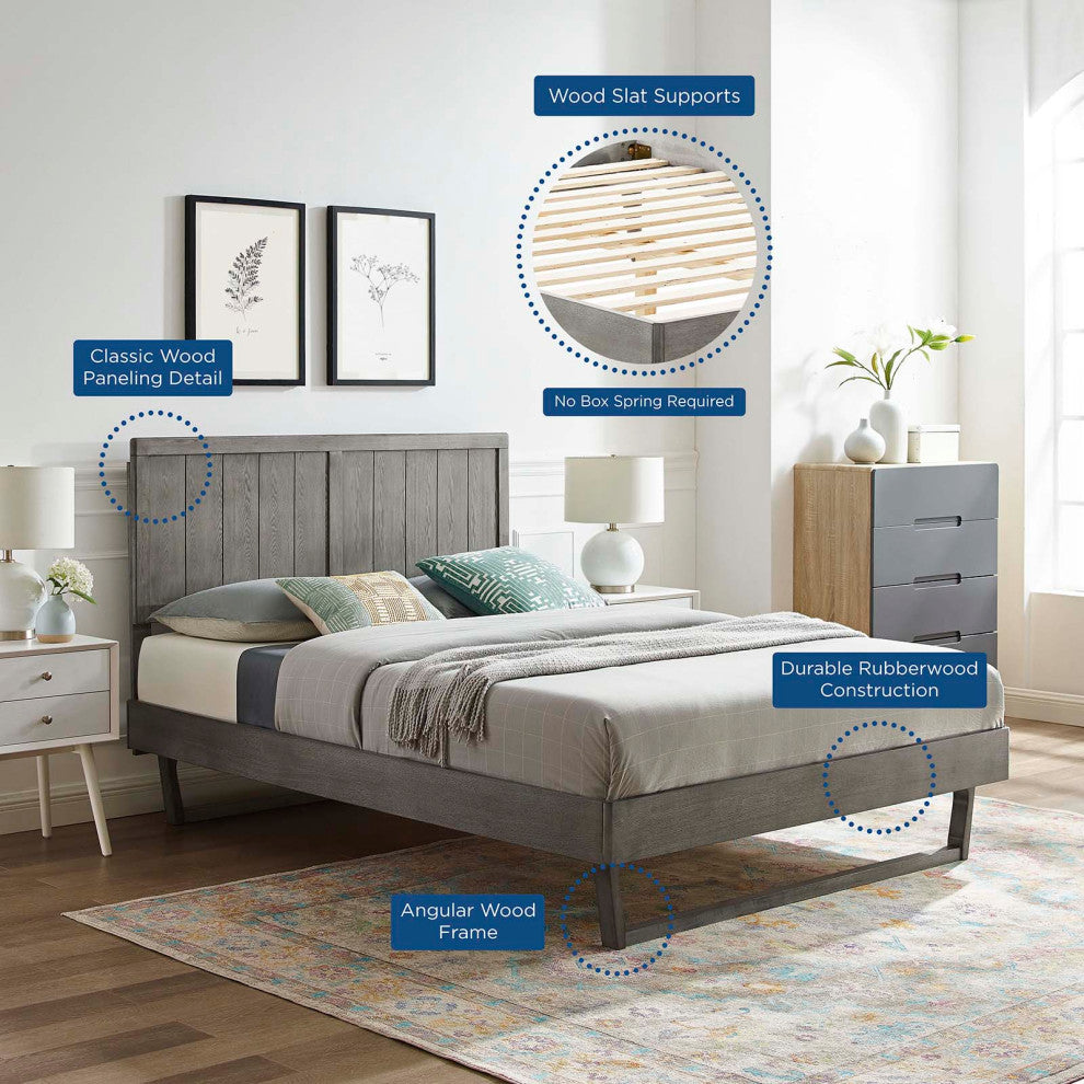 Platform Bed Frame, King Size, Wood, Gray, Modern Mid-Century, Bedroom