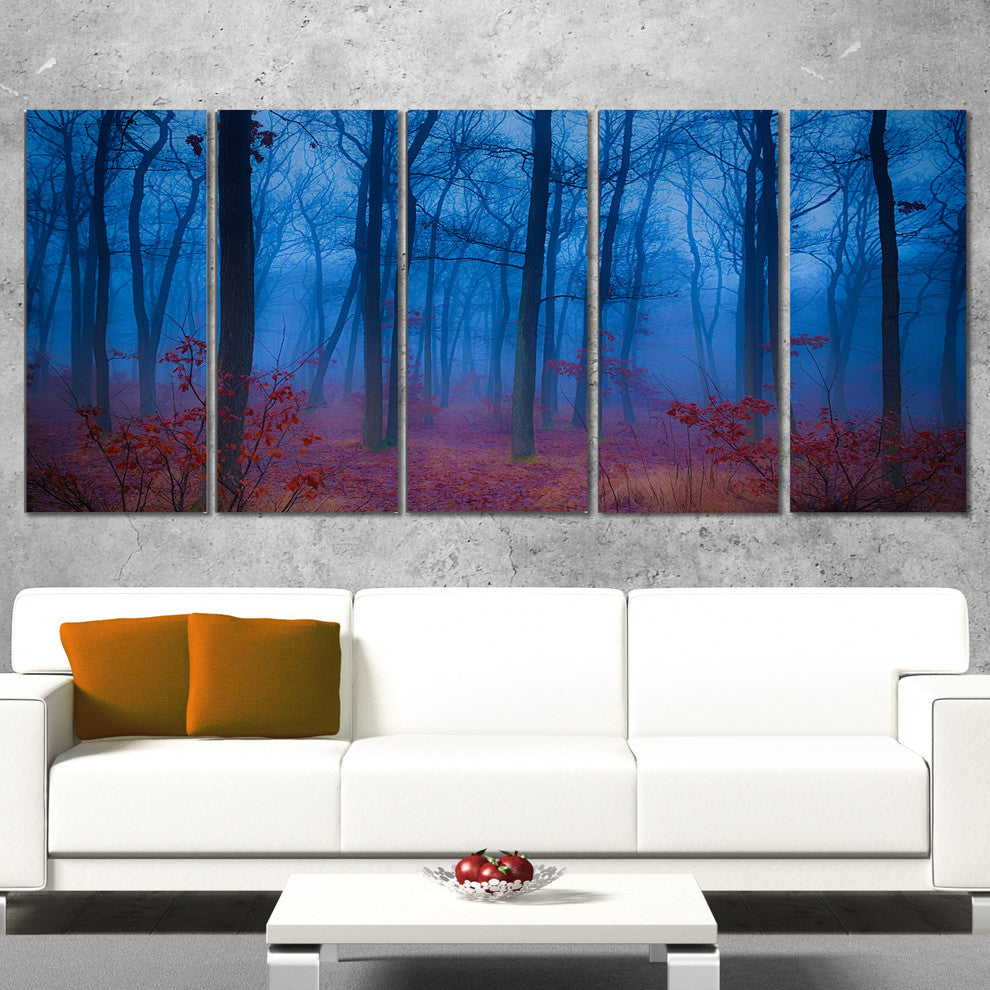 Mysterious Blue Thick Woods, Modern Forest Canvas Art, 60"x28", 5 Panels