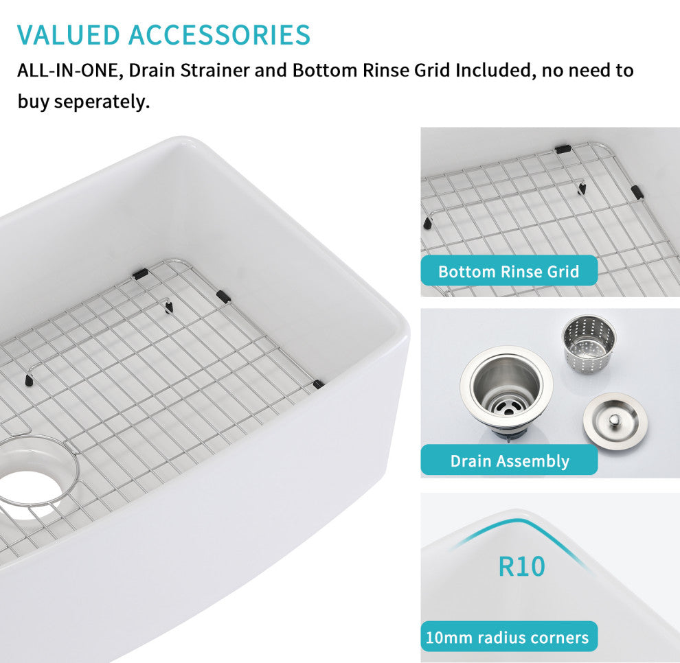 30 "L X 20 "W Ceramic Fireclay Kitchen Sink