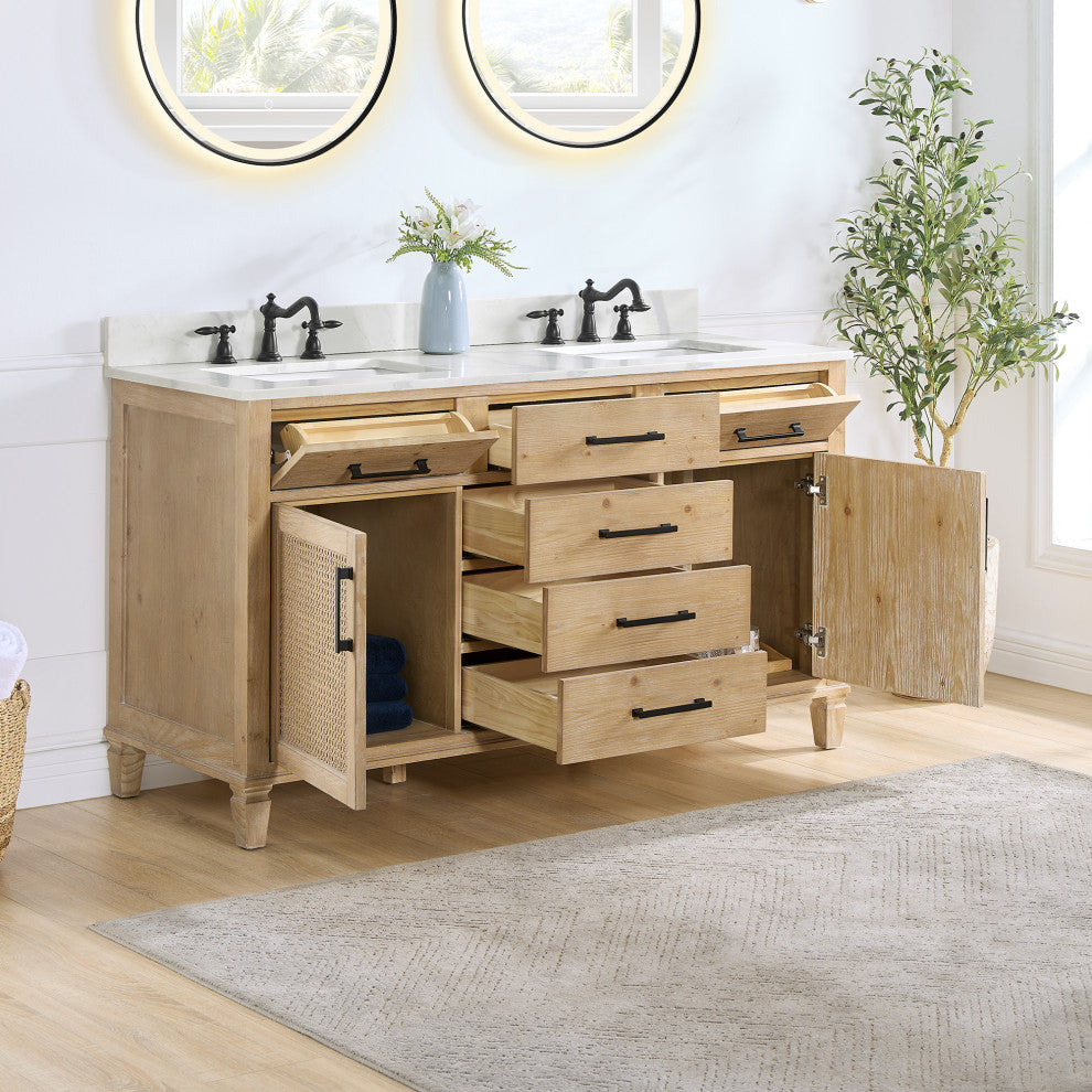 Solana Bathroom Vanity with Calacatta White Quartz Stone Countertop, Weathered Fir, 60", Without Mirror