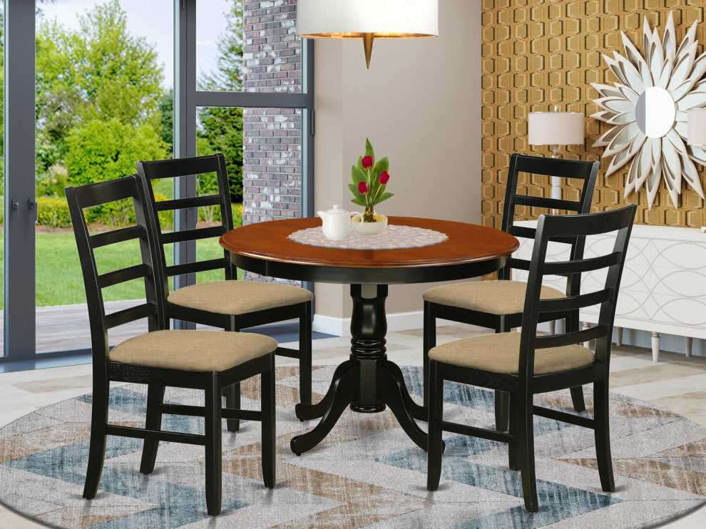 5 Pc Set With A Kitchen Table And 4 Linen Dinette Chairs In Black And Cherry