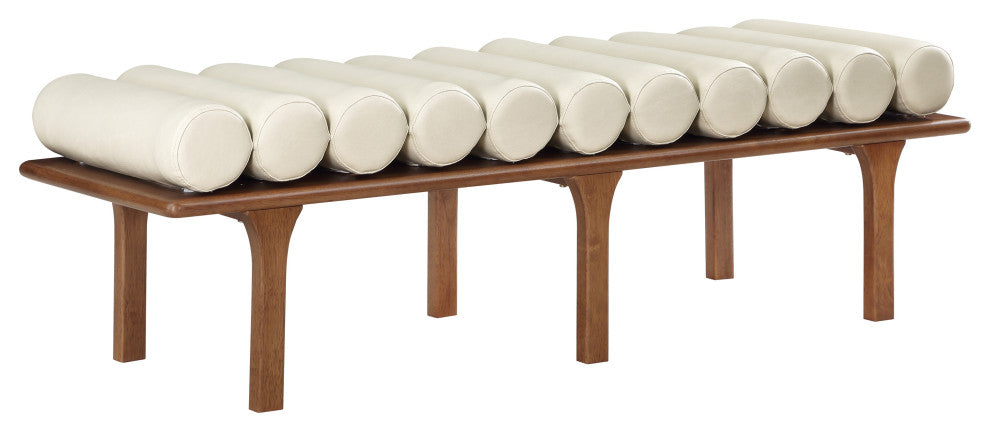 Landon Faux Leather Bench, Cream, Walnut Finish