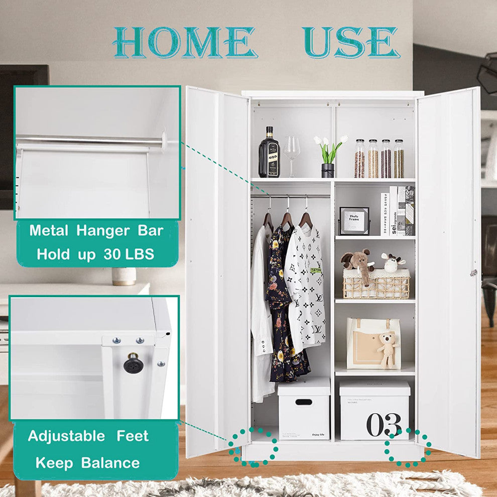 Metal Storage Cabinets Locker, 72" Steel Storage Freestanding Wardrobe, White, 182.8*90*45cm