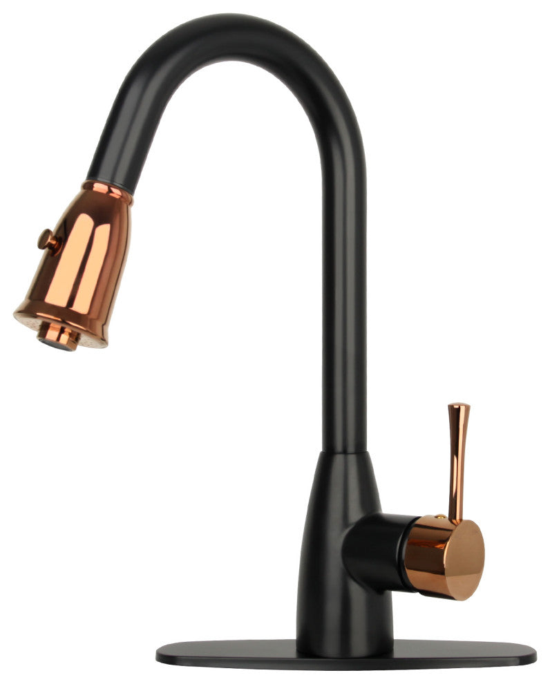 Pull Down Kitchen Faucet With Deck Plate, Two-Tone Matte Black and Rose Gold