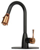 Pull Down Kitchen Faucet With Deck Plate, Two-Tone Matte Black and Rose Gold