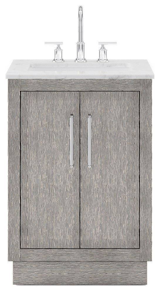 Hugo Carrara White Marble Countertop Vanity in Gray Oak, chrome hardware, 24", Vanity With Gooseneck Faucet