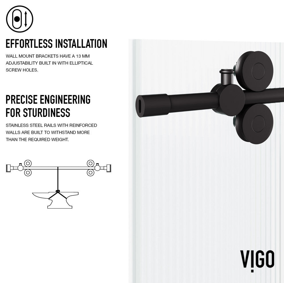 VIGO Elan 56" to 60" W x 74" H Frameless Sliding Shower Door, Matte Black, Left, Fluted Glass