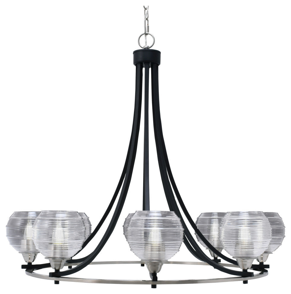 Paramount 8-Light Chandelier, Matte Black & Brushed Nickel, 6" Clear Ribbed