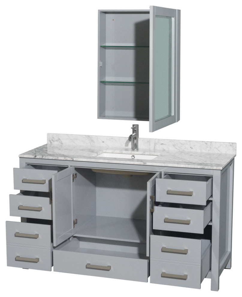 Wyndham WCS141460SGYCMUNSMED 60" Vanity in Gray + Carrera Marble and Square Sin