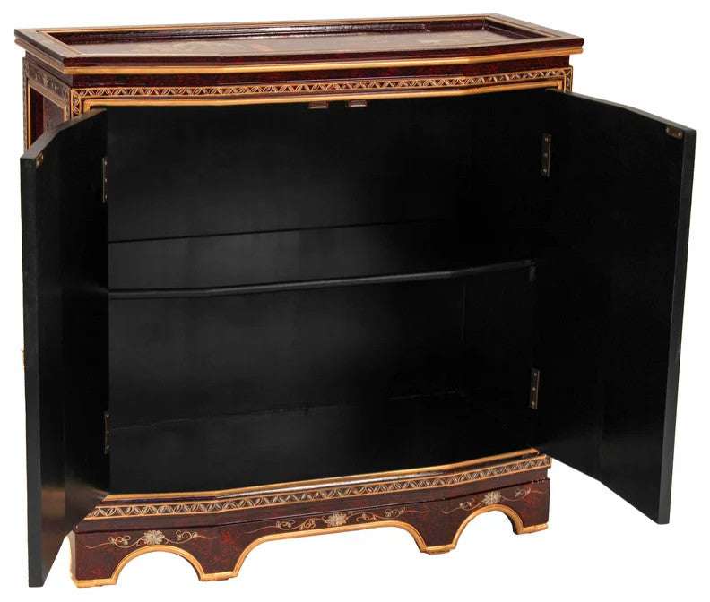 Traditional Oriental Sideboard, 2 Doors Cabinet With Hand Painted Landscape, Red