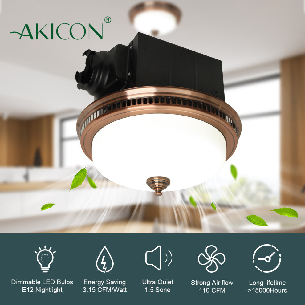 Bathroom Exhaust Fan  LED Light and Nightlight 110CFM 1.5 Sone Antique Copper